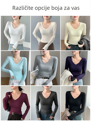 H255 Bijeli dugi rukav majica s V-izrezom, slim fit, jesen 2024