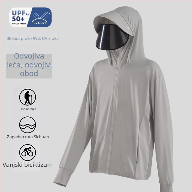 Muška kapuljačom jakna za zaštitu od sunca s odvojivim rubom, lagana prozračna tkanina Ice Silk, UV zaštita za ribolov na otvorenom