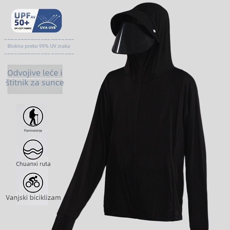 Muška kapuljačom jakna za zaštitu od sunca s odvojivim rubom, lagana prozračna tkanina Ice Silk, UV zaštita za ribolov na otvorenom