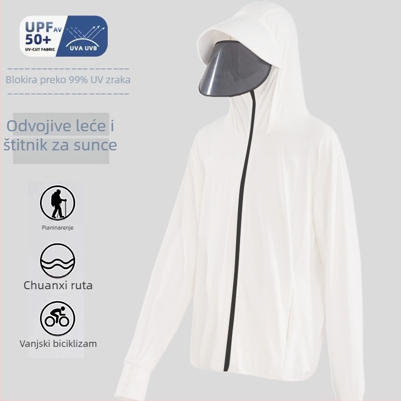 Muška kapuljačom jakna za zaštitu od sunca s odvojivim rubom, lagana prozračna tkanina Ice Silk, UV zaštita za ribolov na otvorenom