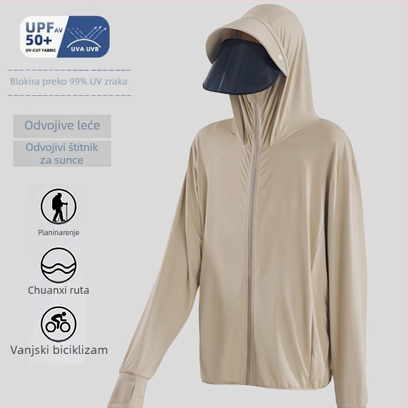 Muška kapuljačom jakna za zaštitu od sunca s odvojivim rubom, lagana prozračna tkanina Ice Silk, UV zaštita za ribolov na otvorenom