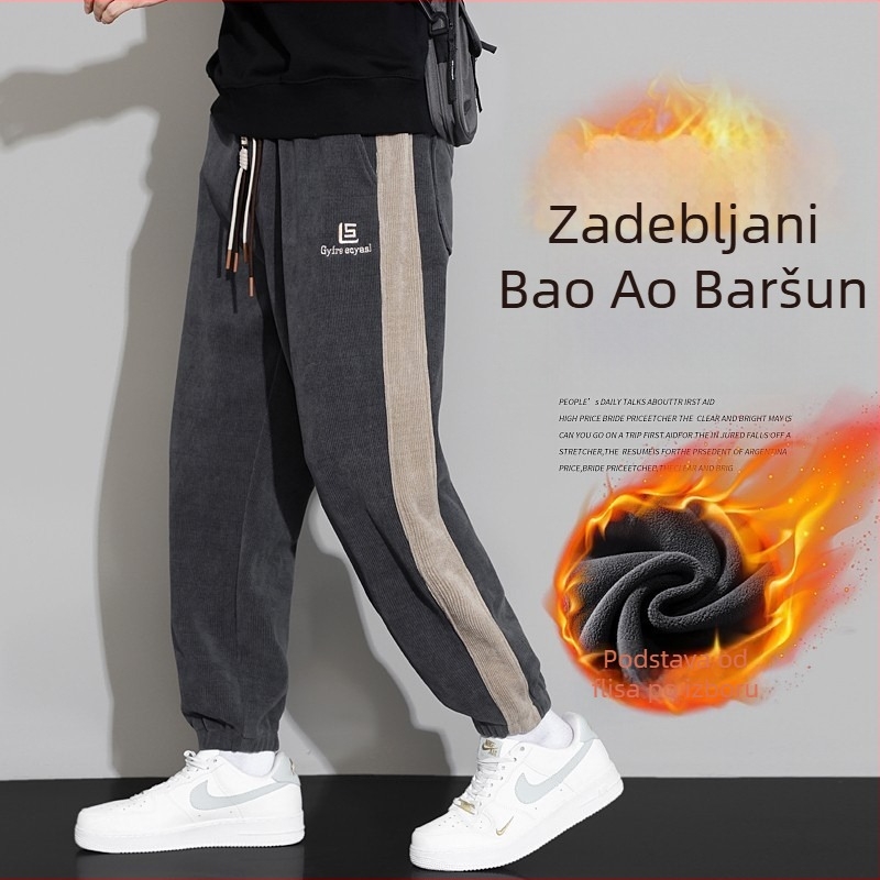 Muške hlače od corduroya s fleece podstavom, elastični pojas i vezica, plus veličina, izdržljive za posao u jeseni i zimu