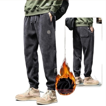 Muške corduroy hlače s fleece podstavom – tople jesensko-zimske, casual hlače s izšivanjem