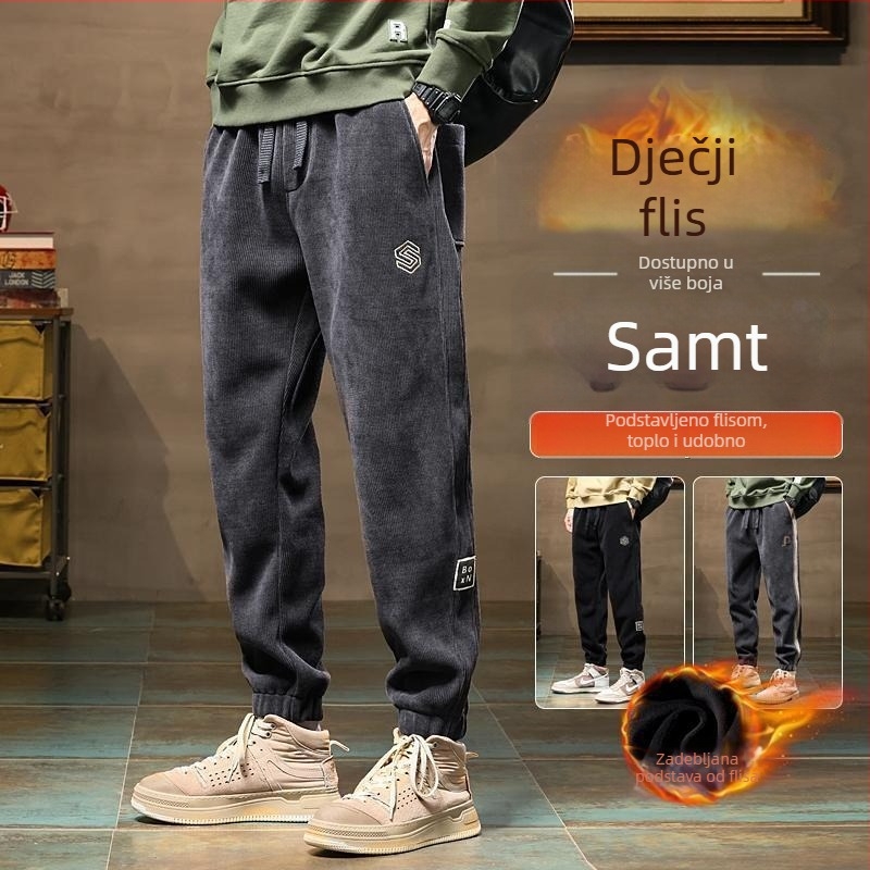Muške corduroy hlače s fleece podstavom – tople jesensko-zimske, casual hlače s izšivanjem