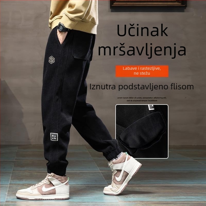 Muške corduroy hlače s fleece podstavom – tople jesensko-zimske, casual hlače s izšivanjem
