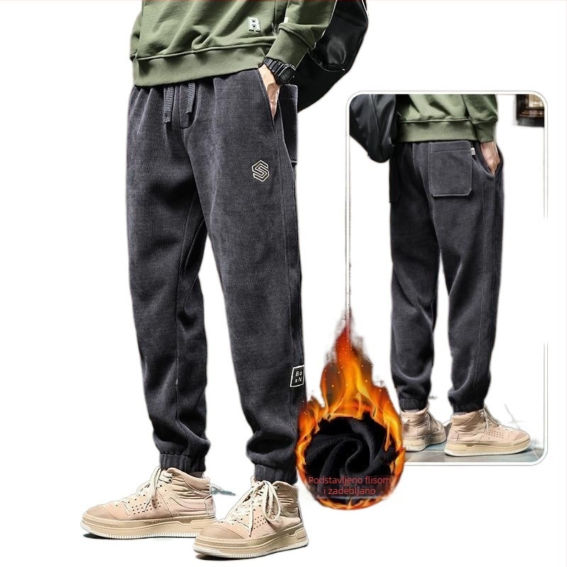 Muške corduroy hlače s fleece podstavom – tople jesensko-zimske, casual hlače s izšivanjem