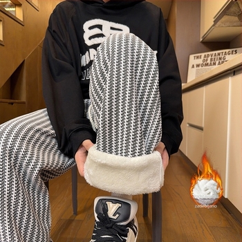Muške hlače s uzorkom riblje kosti, Chanel-inspiriran stil, fleece podstava, debeli pleteni trenir hlače zimi, opuštenog ravnog kroja