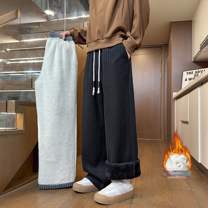 Muške hlače s uzorkom riblje kosti, Chanel-inspiriran stil, fleece podstava, debeli pleteni trenir hlače zimi, opuštenog ravnog kroja