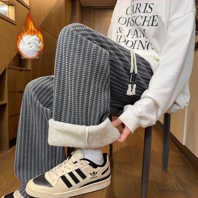 Muške hlače s uzorkom riblje kosti, Chanel-inspiriran stil, fleece podstava, debeli pleteni trenir hlače zimi, opuštenog ravnog kroja