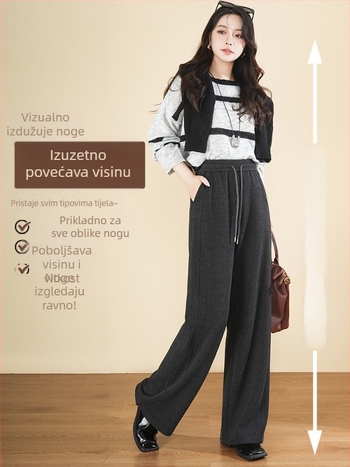 Ženske široke hlače s visokim strukom i fleec podstavom, duge do poda, elegantne za jesen i zimu