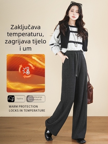 Ženske široke hlače s visokim strukom i fleec podstavom, duge do poda, elegantne za jesen i zimu