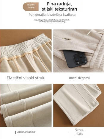 Ženske široke hlače s visokim strukom i fleec podstavom, duge do poda, elegantne za jesen i zimu