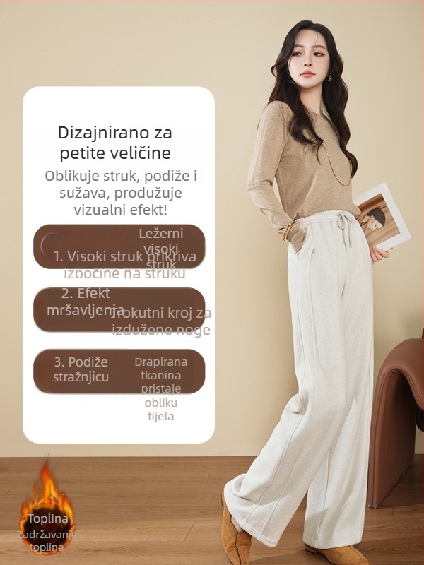 Ženske široke hlače s visokim strukom i fleec podstavom, duge do poda, elegantne za jesen i zimu