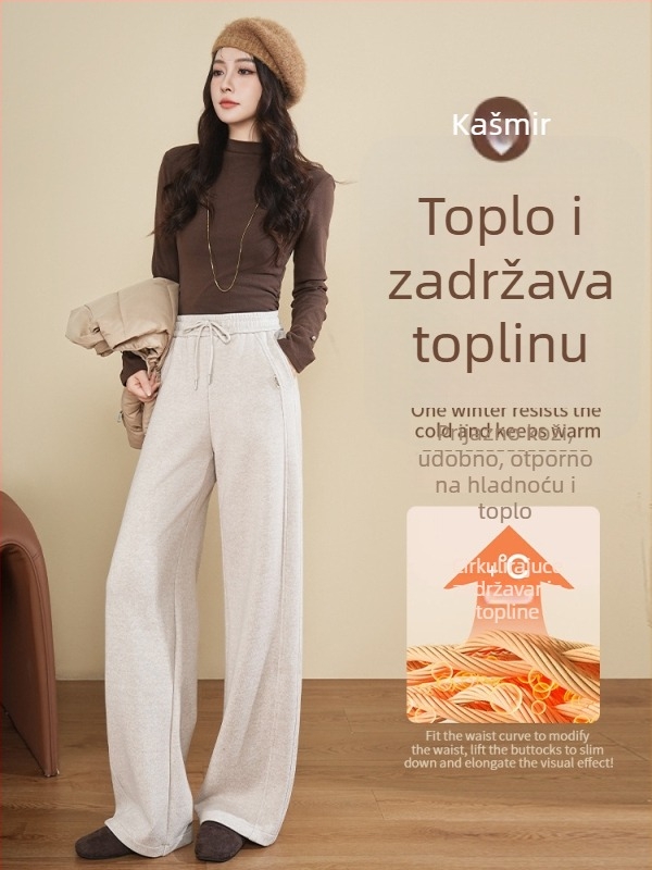 Ženske široke hlače s visokim strukom i fleec podstavom, duge do poda, elegantne za jesen i zimu