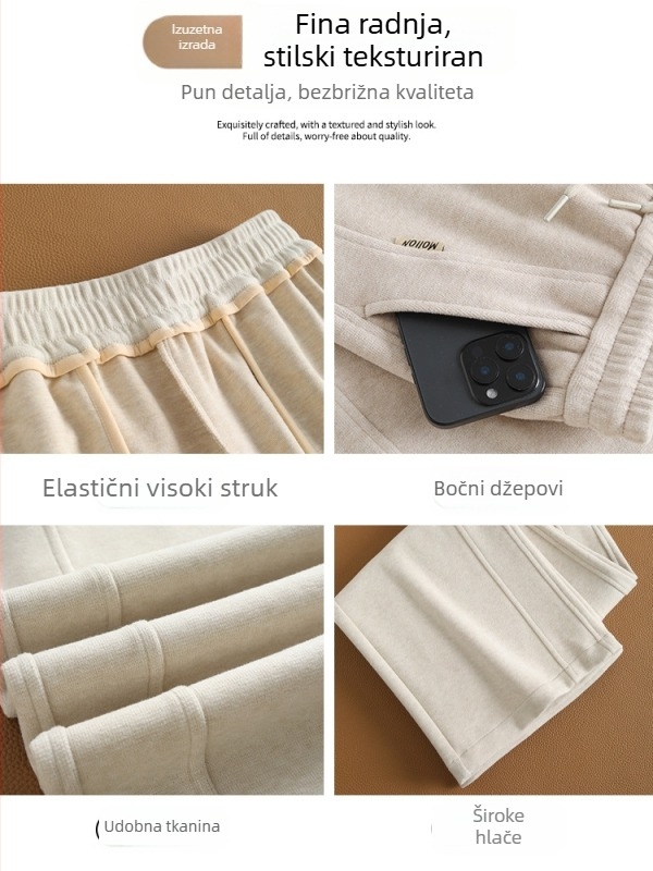 Ženske široke hlače s visokim strukom i fleec podstavom, duge do poda, elegantne za jesen i zimu