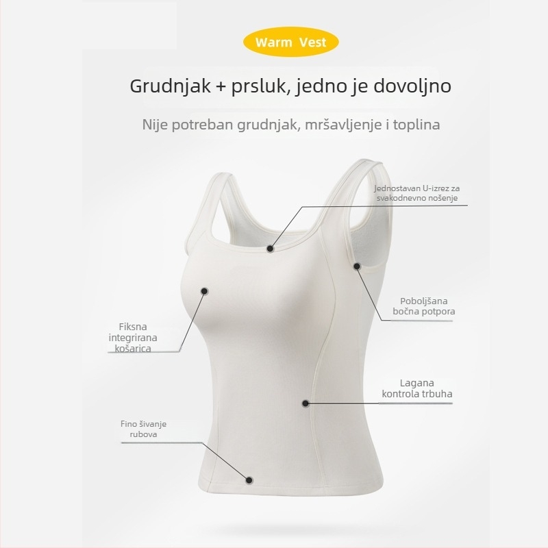 Bez rukava termalna majica s umetkom za dojke i integriranim bezšavnim grudnjakom, Iceland Tencel, U izrez, ribana Lyocell fleece