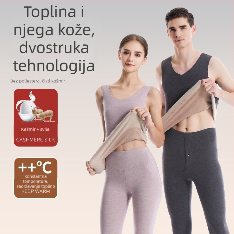 Ženska debela termalna vesta bez šavova s okruglim izrezom, kašmir-svilena smjesa, s zakrpom