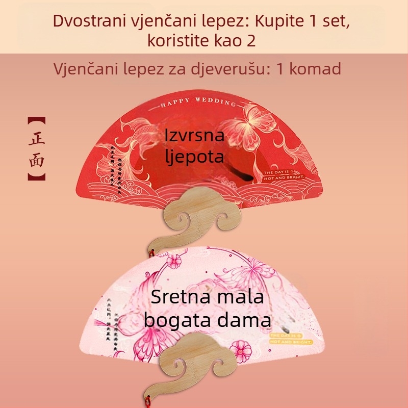 DIY vjenčani fan za kumu i mladenku — papirnati fan s bambuskom drškom, rekvizita za fotografiju