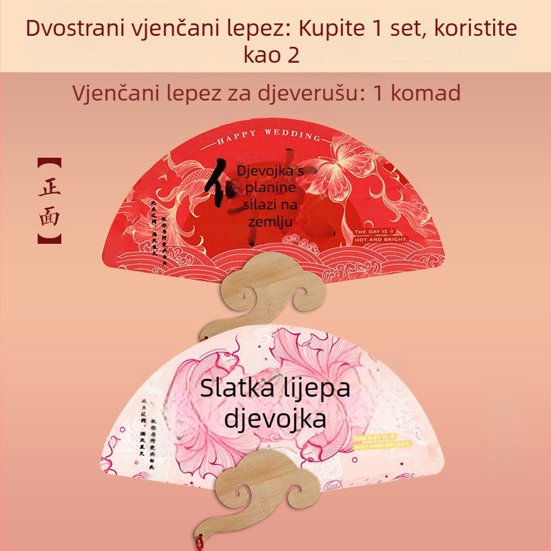 DIY vjenčani fan za kumu i mladenku — papirnati fan s bambuskom drškom, rekvizita za fotografiju