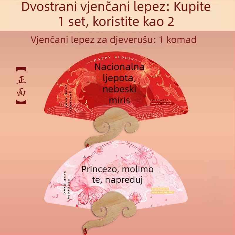 DIY vjenčani fan za kumu i mladenku — papirnati fan s bambuskom drškom, rekvizita za fotografiju
