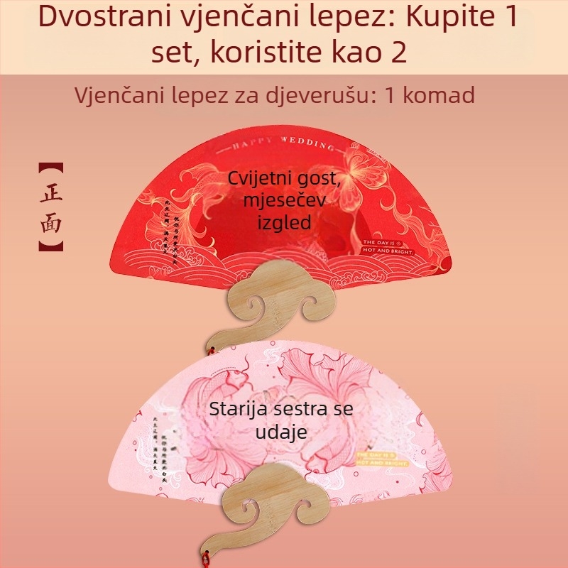 DIY vjenčani fan za kumu i mladenku — papirnati fan s bambuskom drškom, rekvizita za fotografiju