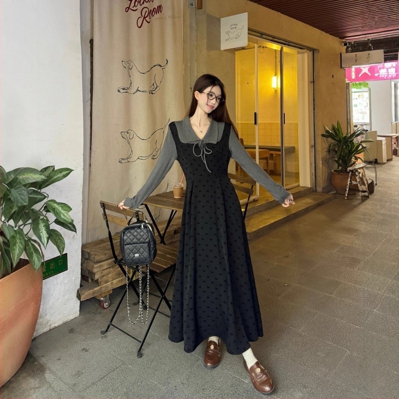 Plus-size ženska pletena haljina u francuskom stilu, lažni dvodjelni dizajn, dugačka haljina za jesen-zimu, Hepburn stil
