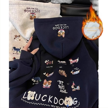 Ženski hoodie s kapuljačom i izvezenim motivom — labav kroj, gusti fleece, karikatura uzorak, Zima 2025, američki stil