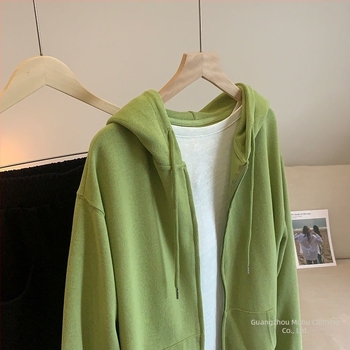 Ženski oversize kardigan-hoodie s kapuljom i zatvaračem na zip, jednobojni, dugi rukavi, za proljeće i jesen, poliester