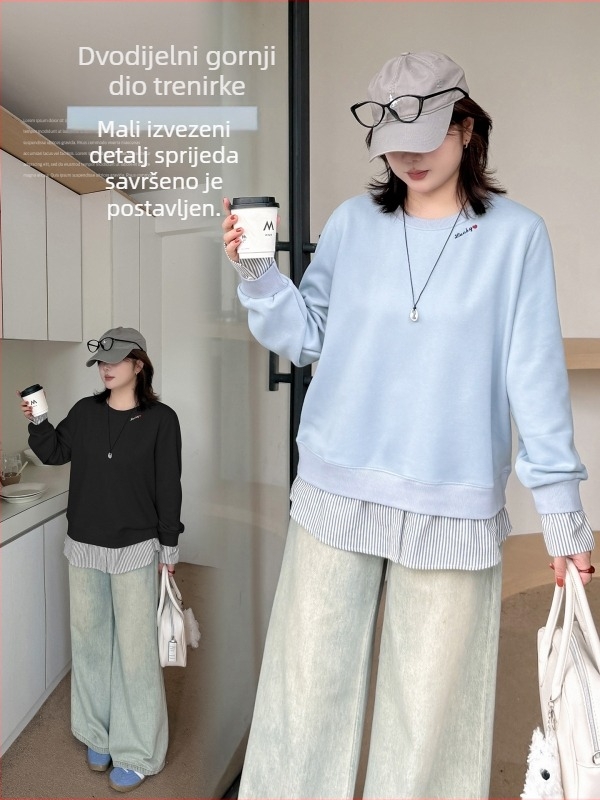 Inno Plus-Size ženski patchwork prugasti lažni dvodijelni pulover s okruglim izrezom, šivena s slovima, top 333094