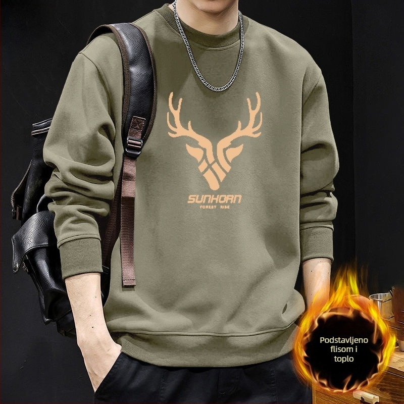Muški džemper s okruglim izrezom, fleece podstava, jesensko-zimski američki streetwear stil, vanjska odjeća