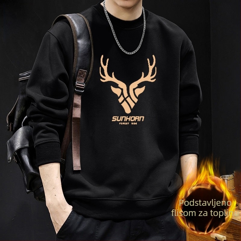 Muški džemper s okruglim izrezom, fleece podstava, jesensko-zimski američki streetwear stil, vanjska odjeća