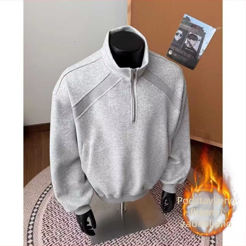 Muška fleece dukserica s polu-zipom, američki retro stil, opuštena silueta za zimu