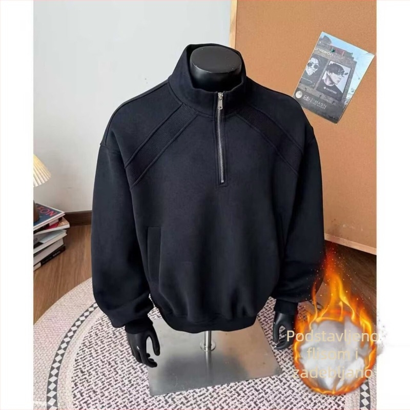 Muška fleece dukserica s polu-zipom, američki retro stil, opuštena silueta za zimu