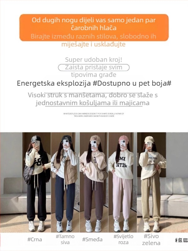 Ružičaste ženske trenirke hlače za proljeće, jesen i zimu, opuštenog kroja s manžetama pri gležnju, otporne na vjetar, visokim strukom, haremski stil, s fleece podstavom