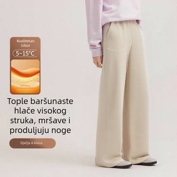 Nove ženske hlače s širokim krojem, pijeskovog efekta, opušten kroj, džepovi, visokim strukom, zimske hlače s fleec podstavom, casual hlače