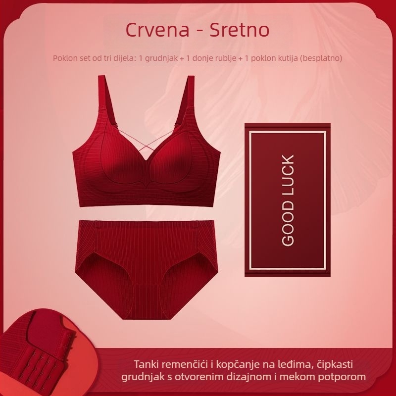 Crveni ženski set donjeg rublja za nevjeste sa push-up grudnjakom, 3/4 košarica, stražnje kopče u tri reda, luksuzni stil, poklon kutija