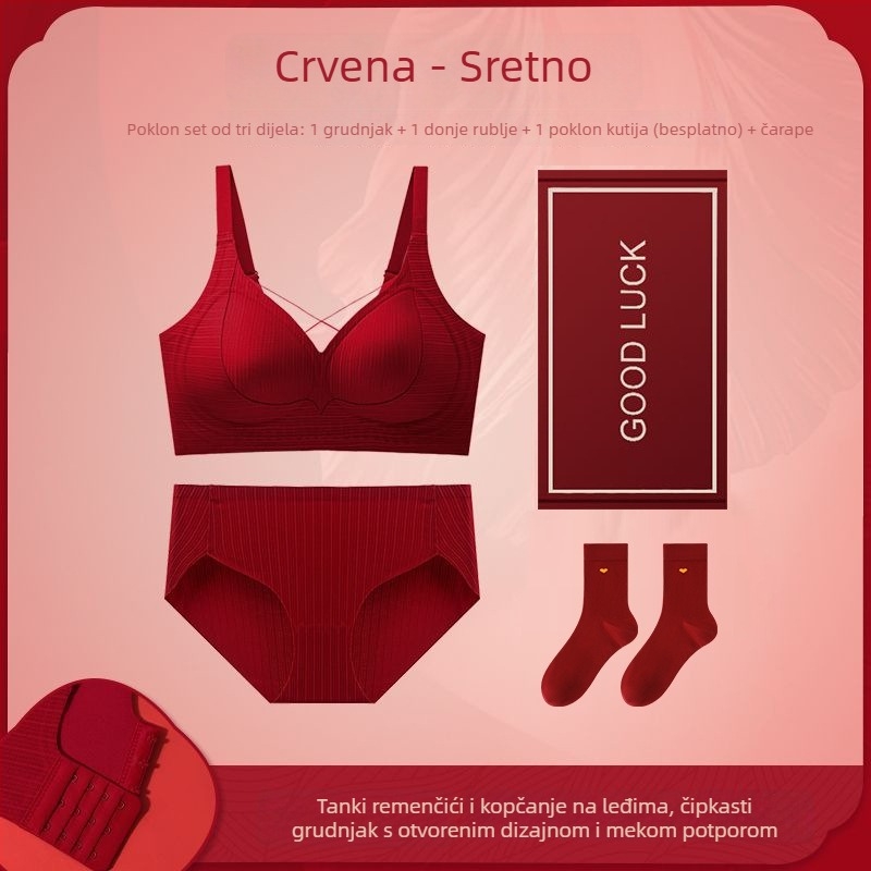 Crveni ženski set donjeg rublja za nevjeste sa push-up grudnjakom, 3/4 košarica, stražnje kopče u tri reda, luksuzni stil, poklon kutija