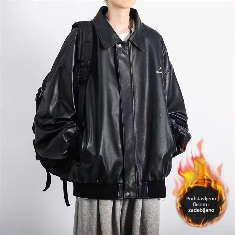 Muška PU kožna jakna s flisom, američki stil, bikerski ovratnik, windproof vanjska jakna za jesen-zimu