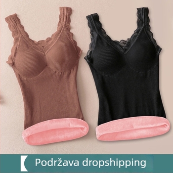 Ženska topla čipkasta vesta s baršunom, dvostruki sloj, bez šavova, V-izrez, može se nositi kao donji ili vanjski sloj, plus veličina