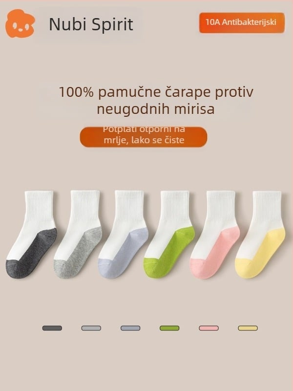 Dječje bijele čarape za dječake i djevojčice, 100% pamuk, tip A, protiv mirisa, upijaju znoj, bez šavova, srednja dužina, unisex, za školu