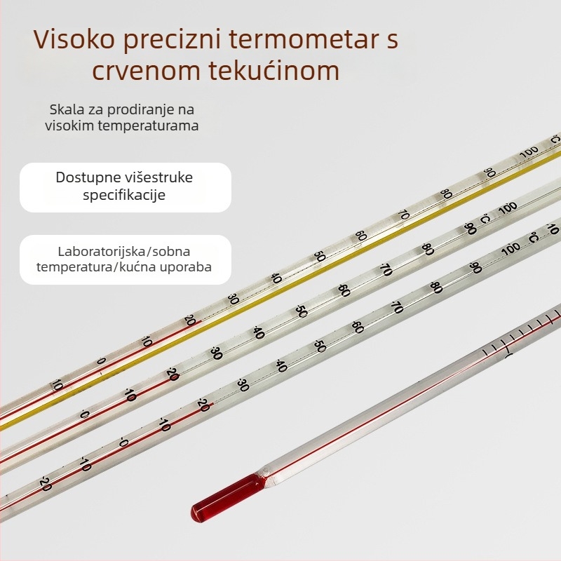 Crveni laboratorijski termometar sa staklenom šipkom, tekućine: voda/kerosen/alkohol, 100°C