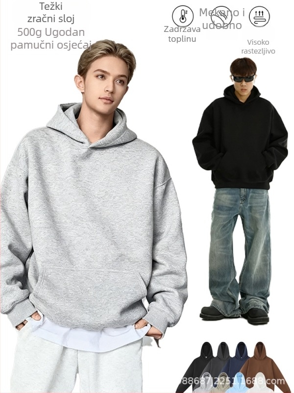 Američka retro hoodie od 500 g pamuka, kapuljača, labavi boxy kroj, visokokvalitetan pamuk, prilagođeni dizajn