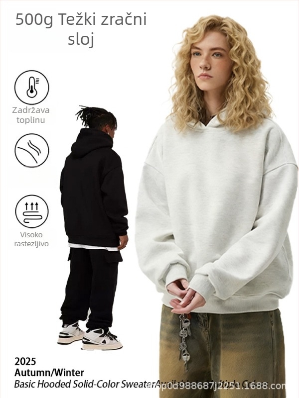 Američka retro hoodie od 500 g pamuka, kapuljača, labavi boxy kroj, visokokvalitetan pamuk, prilagođeni dizajn
