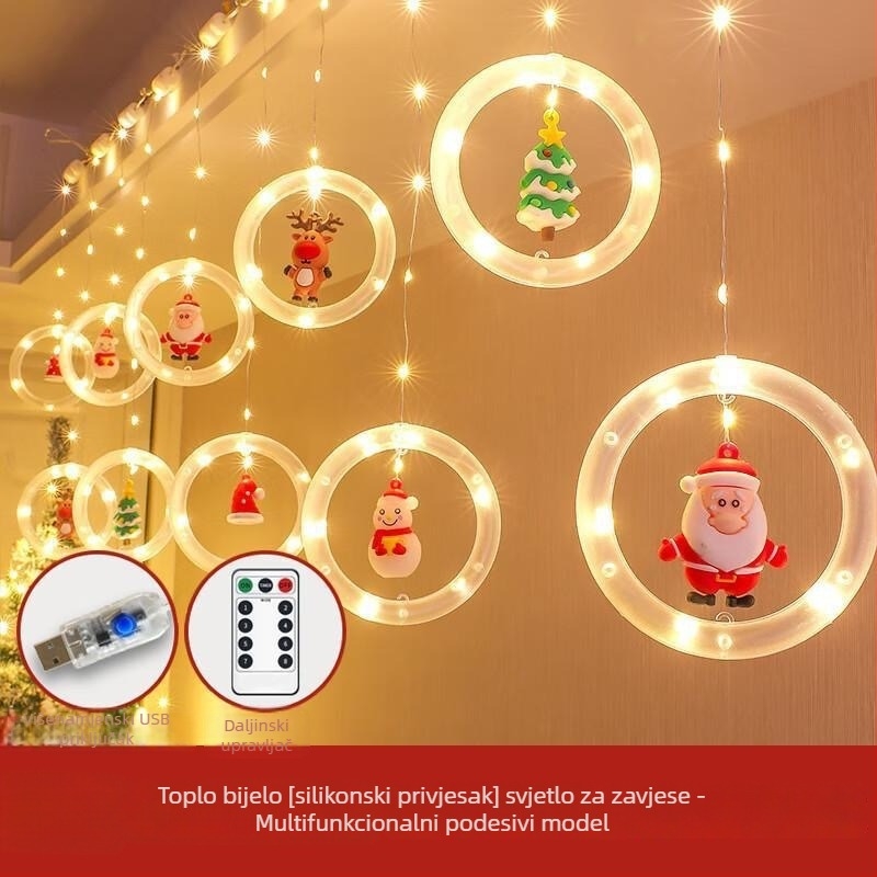 Božićne LED zavjese s motivima zvijezde i prstena, duljina 3 m, 120 LED, USB napajanje, IP44, daljinsko upravljanje jačine svjetla, topla bijela 3000K