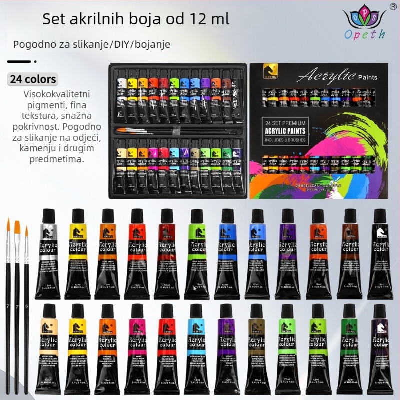 24 boje u aluminijskim cijevima za umjetnost, akrilne i gouache boje, za početnike, komplet za slikanje.