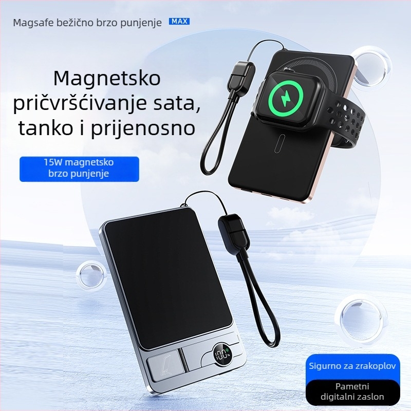 Magnetska bežična power banka 6000mAh, ultra tanka, 3-u-1 držač za sat, PD2.0 brzo punjenje, kompatibilno s iPhone 17