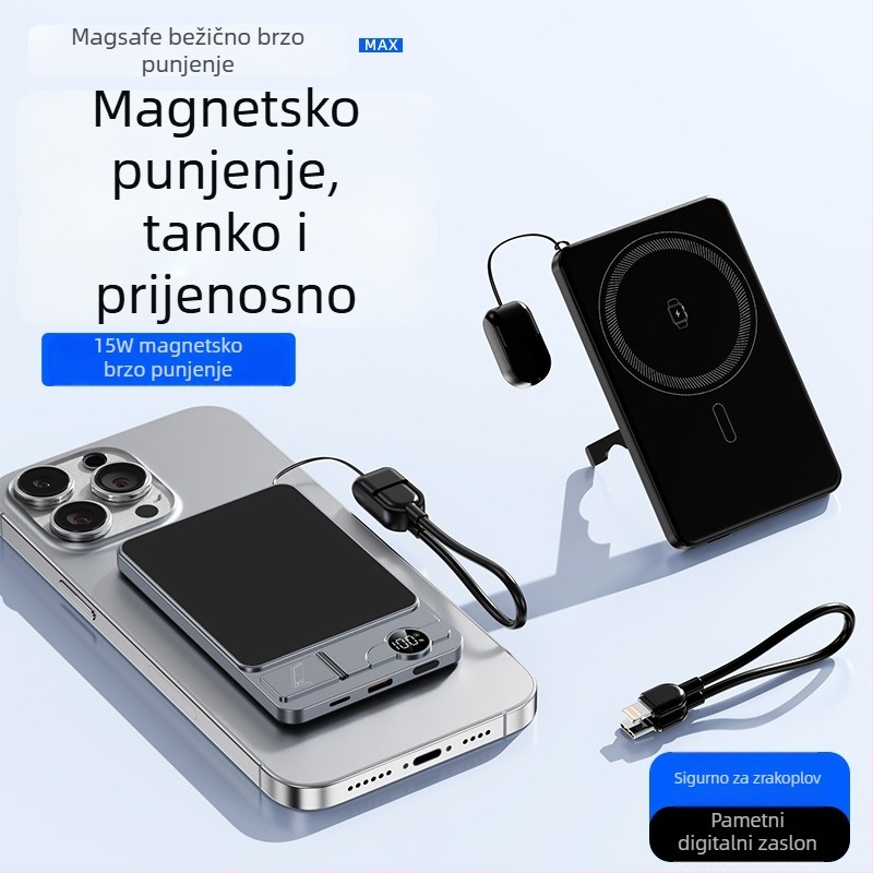 Magnetska bežična power banka 6000mAh, ultra tanka, 3-u-1 držač za sat, PD2.0 brzo punjenje, kompatibilno s iPhone 17