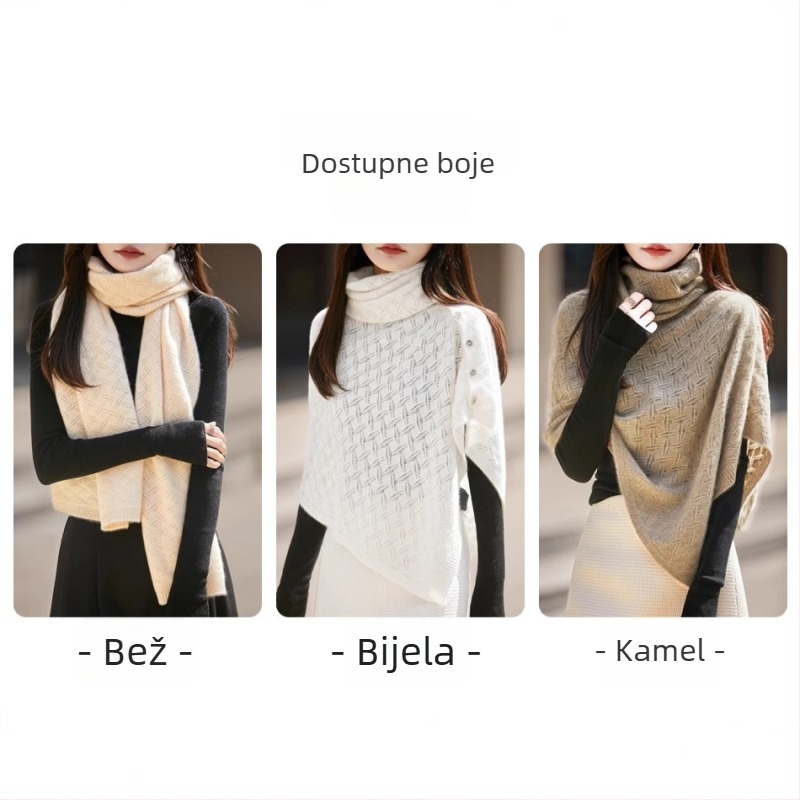 Vuneni šal kardigan, široki kroj, prozračna pletenina, 3/4 rukavi, polovni visok ovratnik