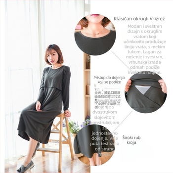 Trudničarska haljina za dojenje, oversize duga haljina, japansko-korejski opušten stil, pamuk/akril smjesa (63% pamuk, 30–50% akril), okrugli ovratnik, dugi rukavi