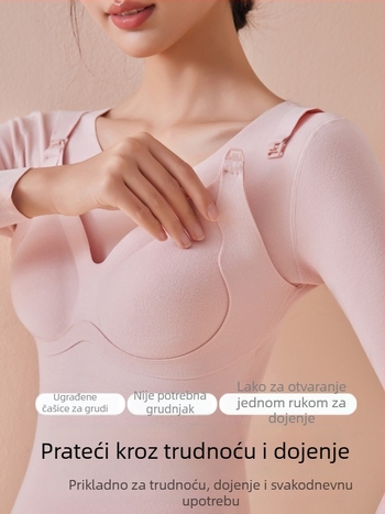 Trudnički dojiljni top s integriranim jastučićima za dojke, zimska termo majica, uski kroj, 3/4 rukavi, okrugli izrez, 2025 model